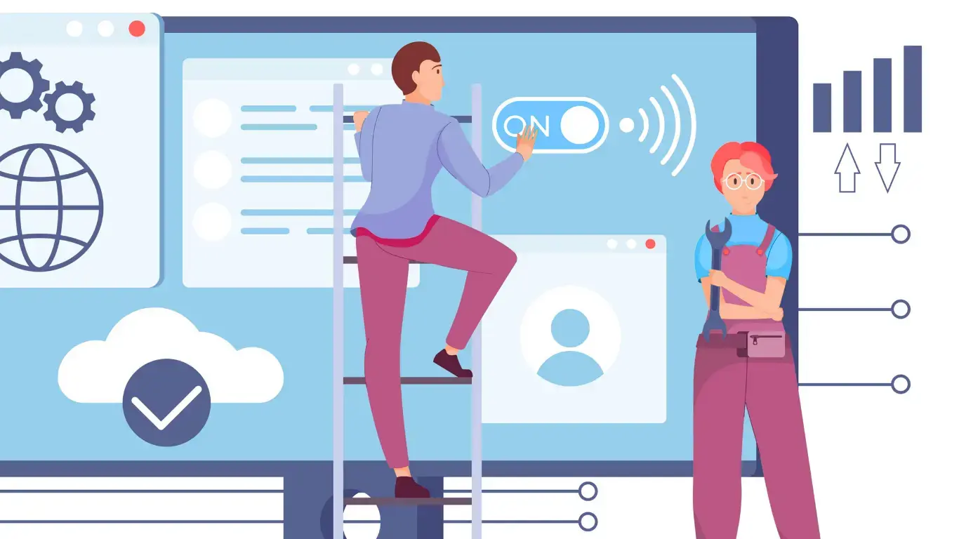 Illustration of people navigating a software release